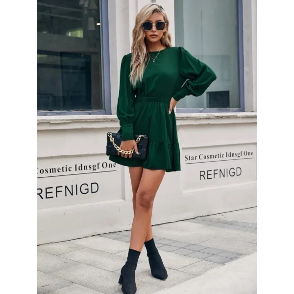 Kadın Uzun Kollu Bisiklet Yaka Beli Lastikli Fırfırlı Ithal Krep Elbise