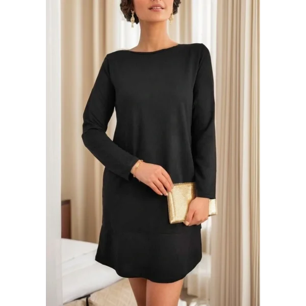 Kadın Uzun Kollu Bisiklet Yaka Cep Detay Etek Ucu Volanlı Iki Iplik Elbise