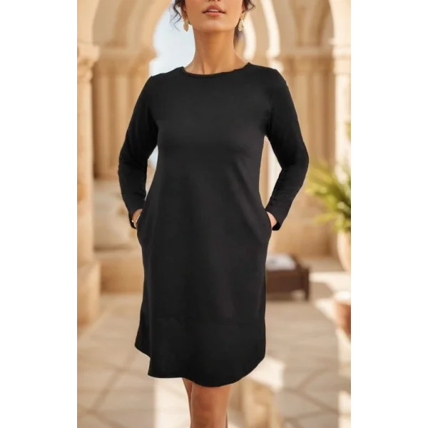 Kadın Uzun Kollu Bisiklet Yaka Cep Detay Etek Ucu Volanlı Iki Iplik Elbise