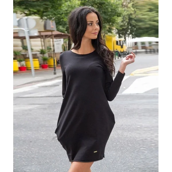 Kadın Uzun Kollu Bisiklet Yaka Cep Detay Etek Ucu Volanlı Iki Iplik Elbise