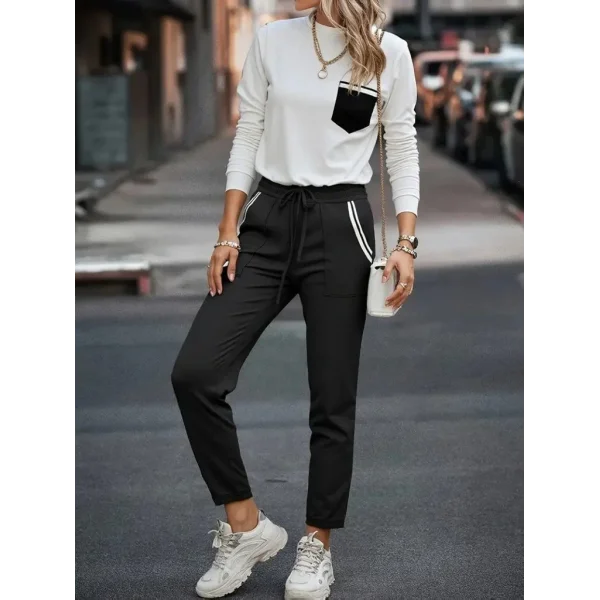 Kadın Uzun Kollu Bisiklet Yaka Cepli Viskon Iki Iplik Bluz Ve Pantolon Ikili Takım