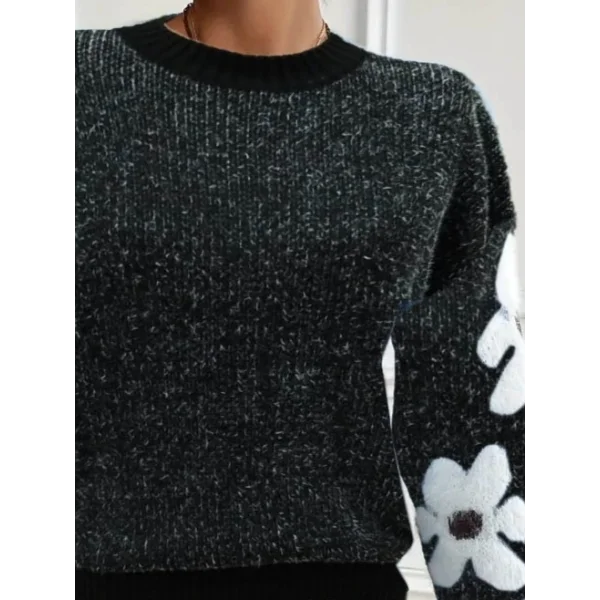 Kadın Uzun Kollu Bisiklet Yaka çiçek Desenli Triko Bluz