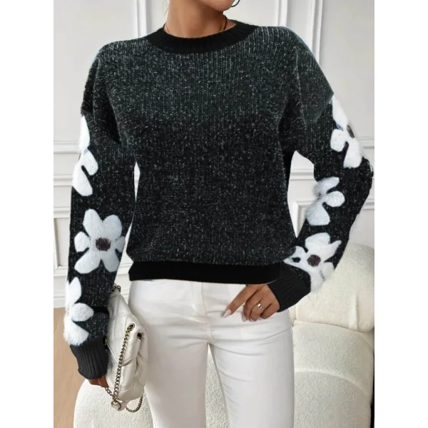 Kadın Uzun Kollu Bisiklet Yaka çiçek Desenli Triko Bluz