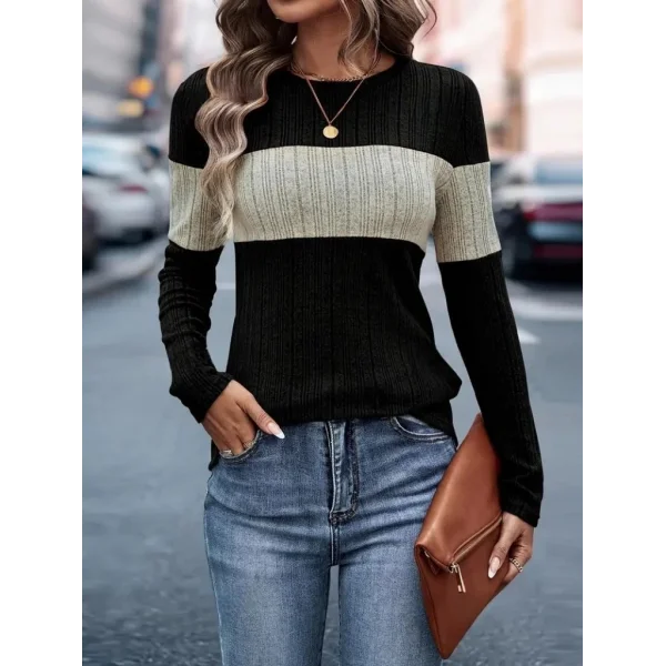 Kadın Uzun Kollu Bisiklet Yaka çift Renkli Triko Bluz