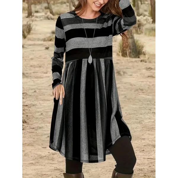 Kadın Uzun Kollu Bisiklet Yaka çizgili Desen Detaylı Süprem Mini Elbise