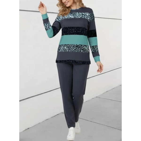 Kadın Uzun Kollu Bisiklet Yaka çizgili Desen Iki Iplik Bluz Ve Pantolon Ikili Takım
