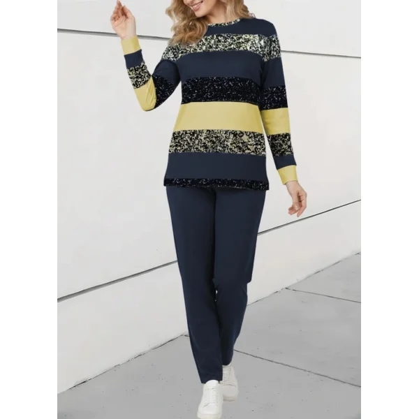 Kadın Uzun Kollu Bisiklet Yaka çizgili Desen Iki Iplik Bluz Ve Pantolon Ikili Takım