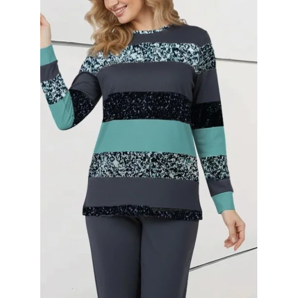 Kadın Uzun Kollu Bisiklet Yaka çizgili Desen Iki Iplik Bluz Ve Pantolon Ikili Takım