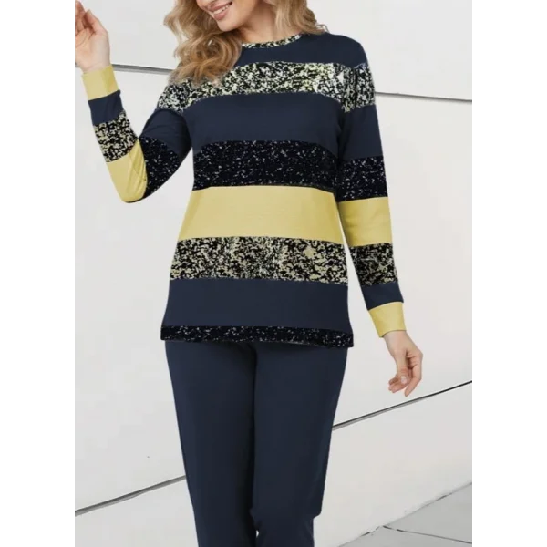 Kadın Uzun Kollu Bisiklet Yaka çizgili Desen Iki Iplik Bluz Ve Pantolon Ikili Takım