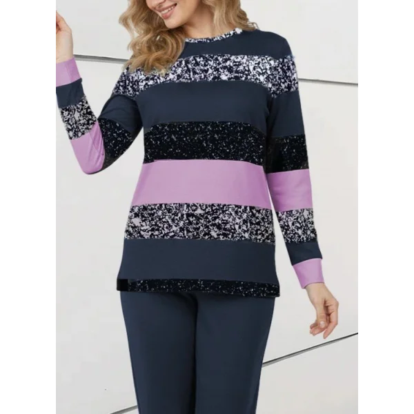 Kadın Uzun Kollu Bisiklet Yaka çizgili Desen Iki Iplik Bluz Ve Pantolon Ikili Takım