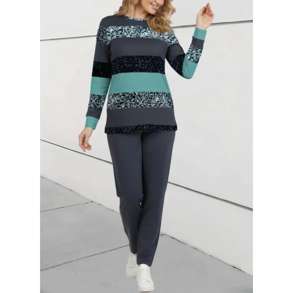 Kadın Uzun Kollu Bisiklet Yaka çizgili Desen Iki Iplik Bluz Ve Pantolon Ikili Takım