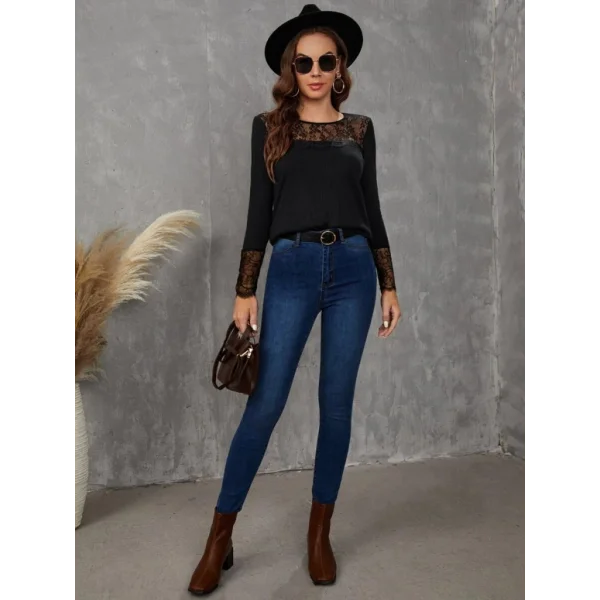 Kadın Uzun Kollu Bisiklet Yaka Dantel Detaylı Burgu Bluz