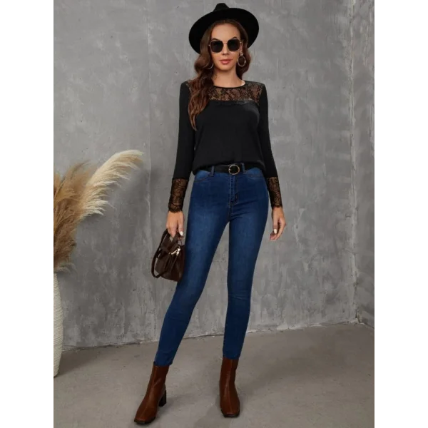 Kadın Uzun Kollu Bisiklet Yaka Dantel Detaylı Burgu Bluz