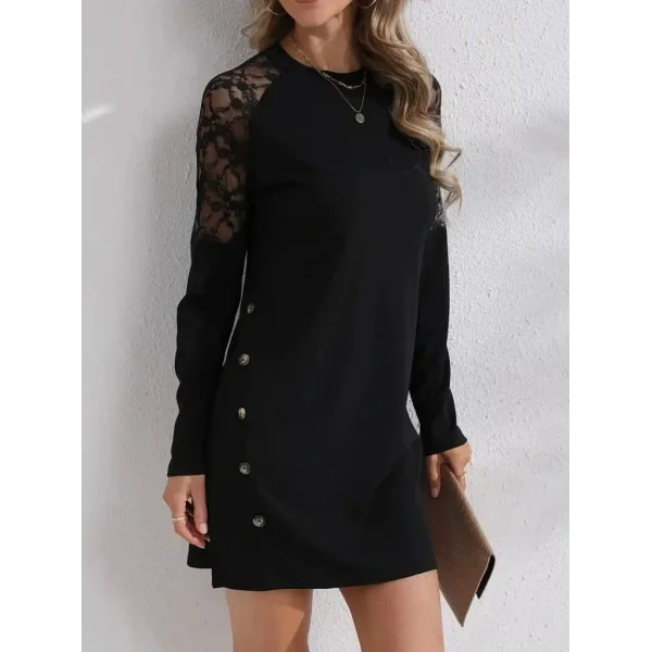 Kadın Uzun Kollu Bisiklet Yaka Dantel Detaylı Visk8n Iki Iplik Düğmeli Mini Elbise