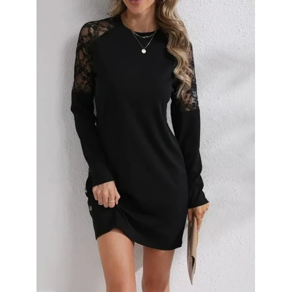 Kadın Uzun Kollu Bisiklet Yaka Dantel Detaylı Visk8n Iki Iplik Düğmeli Mini Elbise