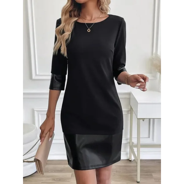 Kadın Uzun Kollu Bisiklet Yaka Deri Detaylı Ithal Krep Elbise