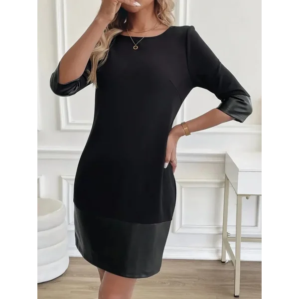 Kadın Uzun Kollu Bisiklet Yaka Deri Detaylı Ithal Krep Elbise