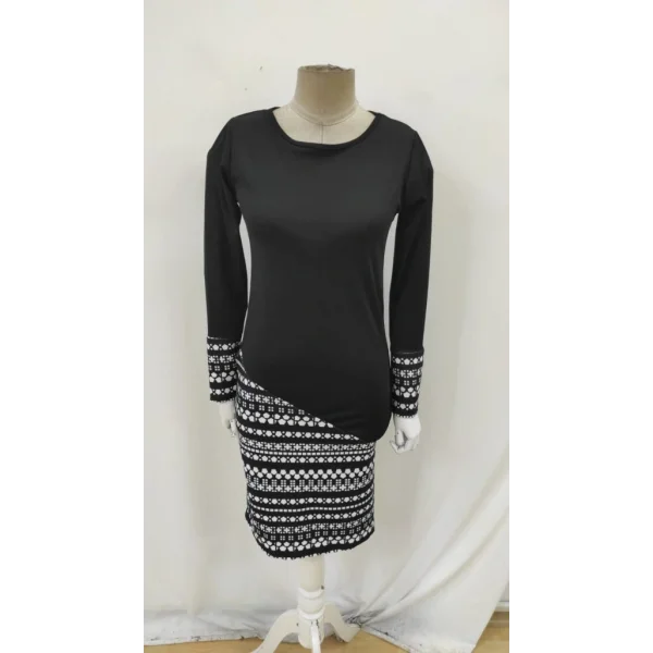 Kadın Uzun Kollu Bisiklet Yaka Desenli Dalgıç Elbise