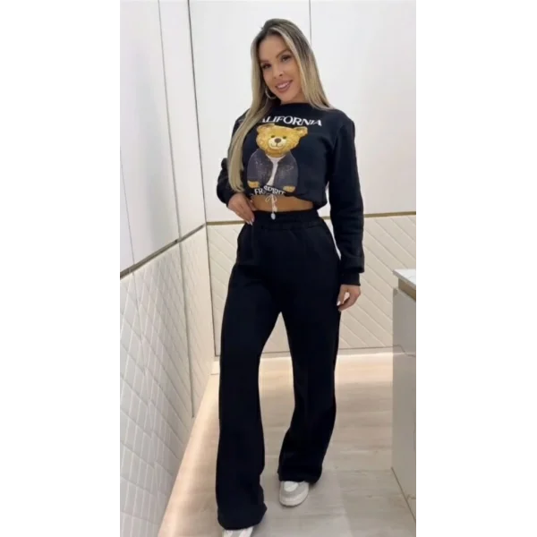 Kadın Uzun Kollu Bisiklet Yaka Desenli Iki Iplik şardonlu Bluz Ve Pantolon Ikili Takım