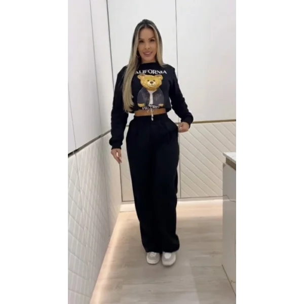 Kadın Uzun Kollu Bisiklet Yaka Desenli Iki Iplik şardonlu Bluz Ve Pantolon Ikili Takım