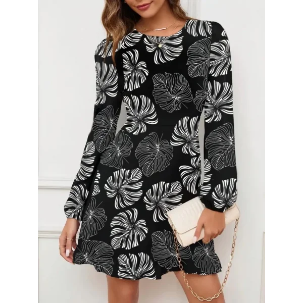 Kadın Uzun Kollu Bisiklet Yaka Desenli Kısa Krep Elbise