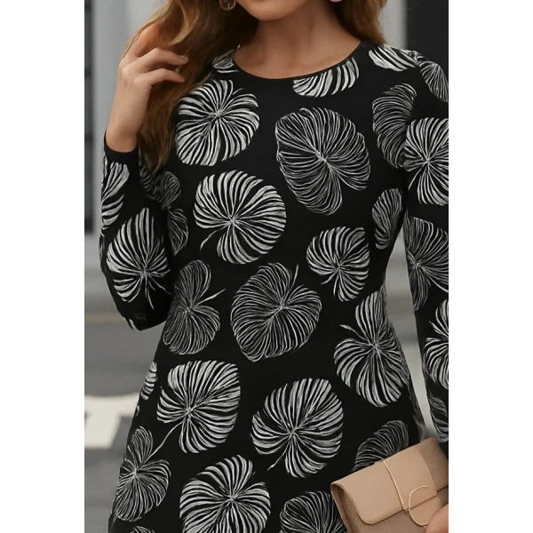 Kadın Uzun Kollu Bisiklet Yaka Desenli Kısa Krep Elbise