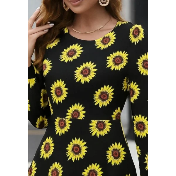 Kadın Uzun Kollu Bisiklet Yaka Desenli Kısa Krep Elbise