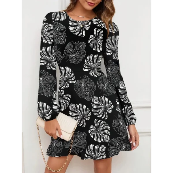 Kadın Uzun Kollu Bisiklet Yaka Desenli Kısa Krep Elbise