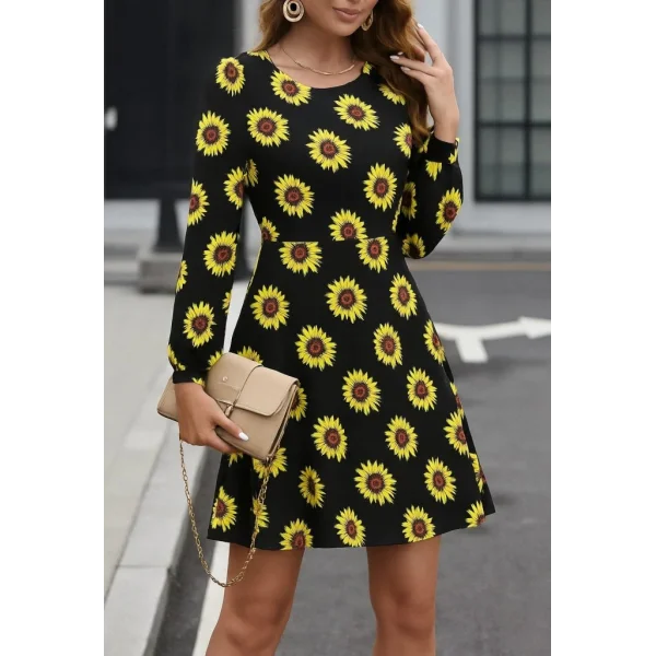 Kadın Uzun Kollu Bisiklet Yaka Desenli Kısa Krep Elbise