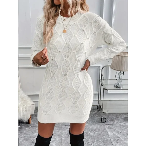 Kadın Uzun Kollu Bisiklet Yaka Desenli Triko Elbise