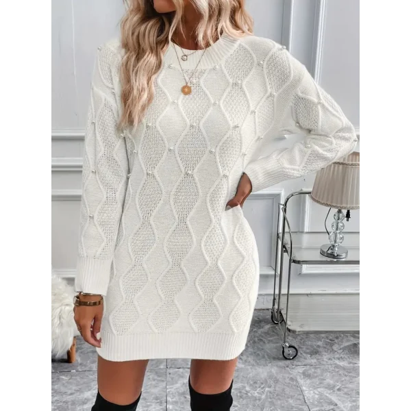 Kadın Uzun Kollu Bisiklet Yaka Desenli Triko Elbise