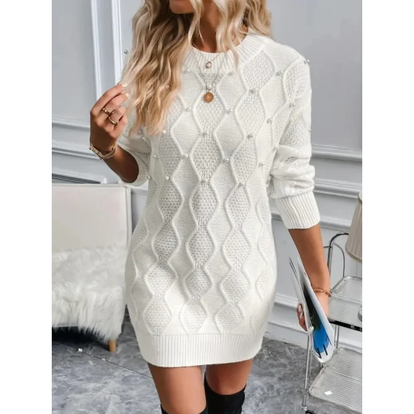 Kadın Uzun Kollu Bisiklet Yaka Desenli Triko Elbise