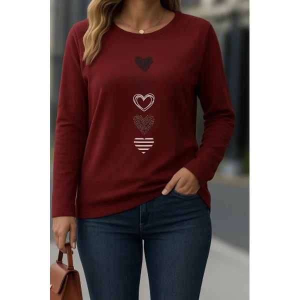 Kadın Uzun Kollu Bisiklet Yaka Desenli Viskon Bluz