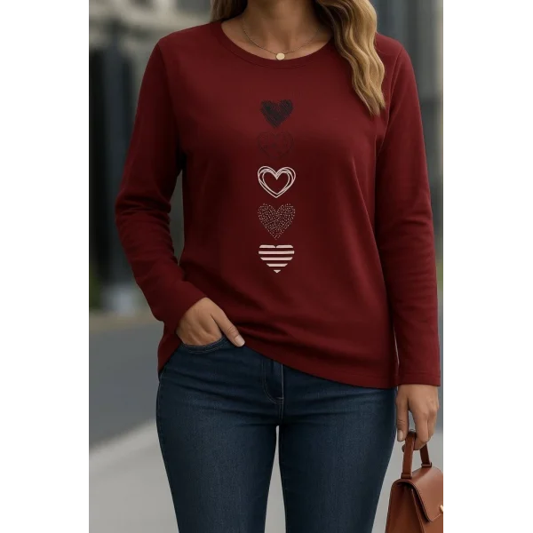 Kadın Uzun Kollu Bisiklet Yaka Desenli Viskon Bluz