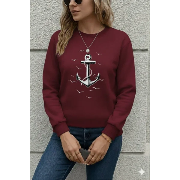 Kadın Uzun Kollu Bisiklet Yaka Desenli Viskon Iki Iplik Bluz