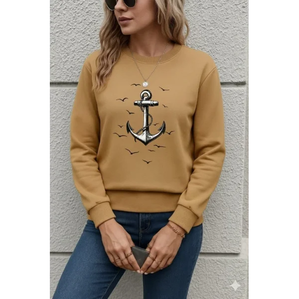 Kadın Uzun Kollu Bisiklet Yaka Desenli Viskon Iki Iplik Bluz