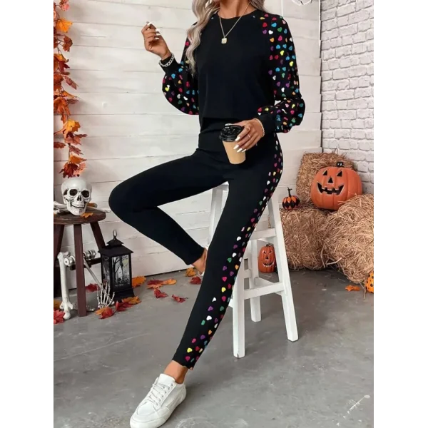 Kadın Uzun Kollu Bisiklet Yaka Desenli Viskon Iki Iplik Bluz Ve Pantolon Ikili Takım