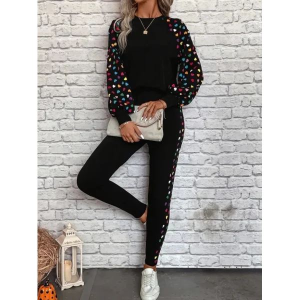 Kadın Uzun Kollu Bisiklet Yaka Desenli Viskon Iki Iplik Bluz Ve Pantolon Ikili Takım