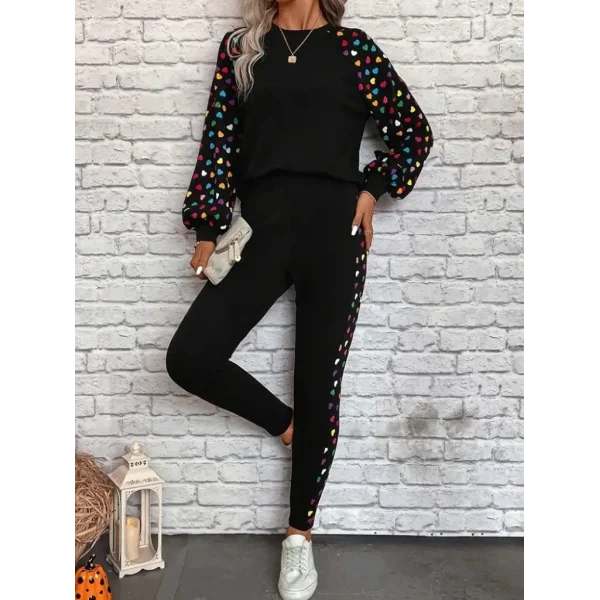 Kadın Uzun Kollu Bisiklet Yaka Desenli Viskon Iki Iplik Bluz Ve Pantolon Ikili Takım