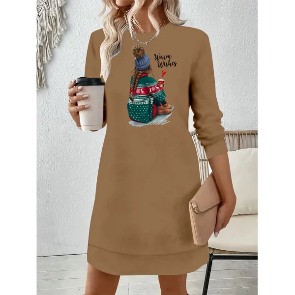 Kadın Uzun Kollu Bisiklet Yaka Desenli Viskon Iki Iplik Elbise