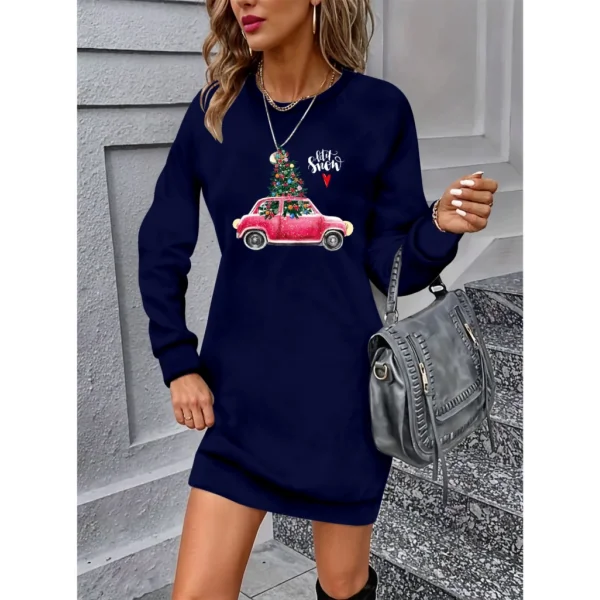 Kadın Uzun Kollu Bisiklet Yaka Desenli Viskon Iki Iplik Elbise