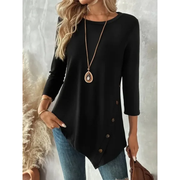 Kadın Uzun Kollu Bisiklet Yaka Etek Ucu Asimetrik Kesim Düğme Detaylı Viskon Bluz