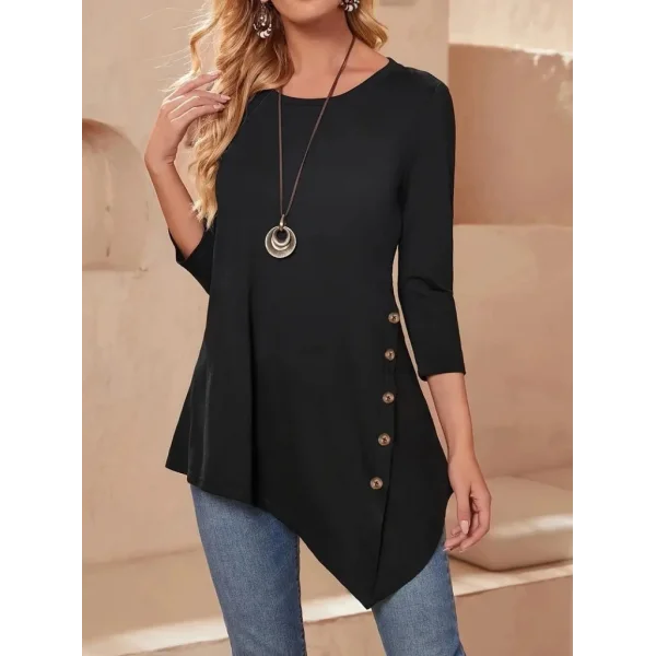 Kadın Uzun Kollu Bisiklet Yaka Etek Ucu Asimetrik Kesim Düğme Detaylı Viskon Bluz