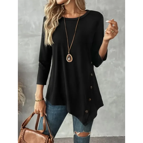 Kadın Uzun Kollu Bisiklet Yaka Etek Ucu Asimetrik Kesim Düğme Detaylı Viskon Bluz