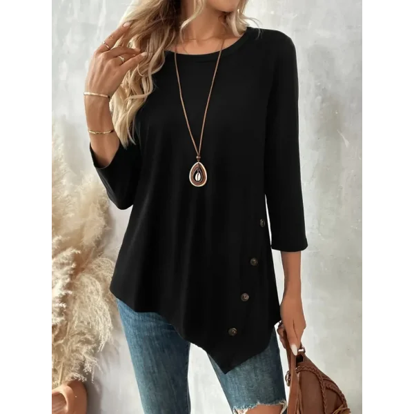 Kadın Uzun Kollu Bisiklet Yaka Etek Ucu Asimetrik Kesim Düğme Detaylı Viskon Bluz