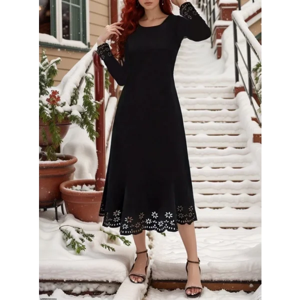 Kadın Uzun Kollu Bisiklet Yaka Etek Ucu çiçek Lazer Detaylı Midi Krep Elbise