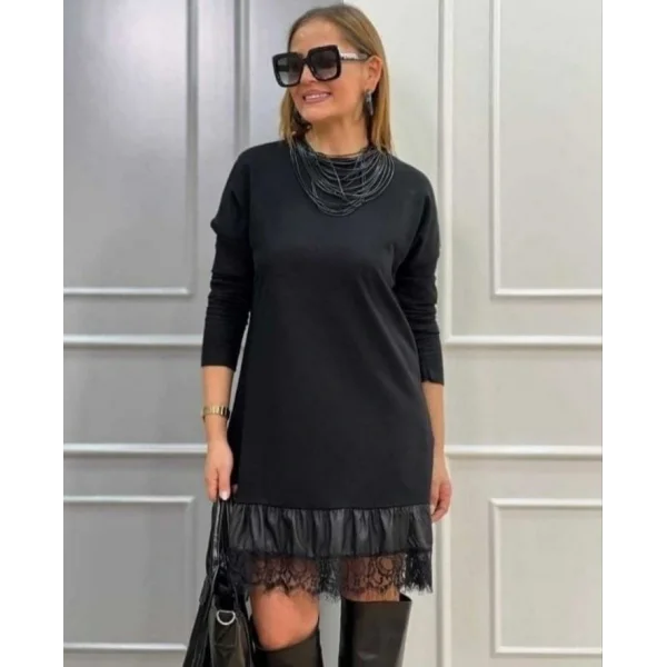 Kadın Uzun Kollu Bisiklet Yaka Etek Ucu Deri Dantelli Viskon Iki Iplik Midi Elbise