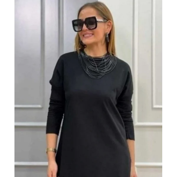 Kadın Uzun Kollu Bisiklet Yaka Etek Ucu Deri Dantelli Viskon Iki Iplik Midi Elbise