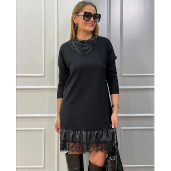 Kadın Uzun Kollu Bisiklet Yaka Etek Ucu Deri Dantelli Viskon Iki Iplik Midi Elbise