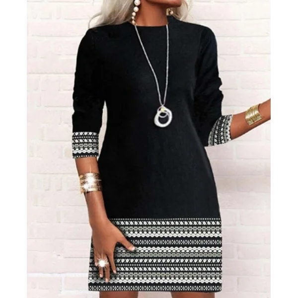 Kadın Uzun Kollu Bisiklet Yaka Etnik Desenli Detaylı Iki Iplik Elbise